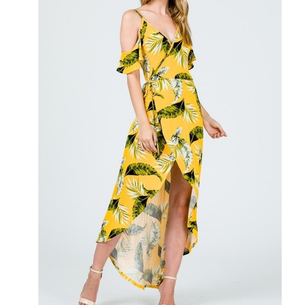 Yellow & Green Palm Print Wrap Dress